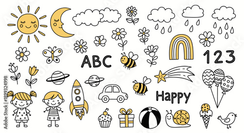 A collection of cute, hand-drawn illustrations featuring elements like the sun, moon, clouds, flowers, butterflies, bees, ABCs, 123s, a rocket, a car, balloons, and children.