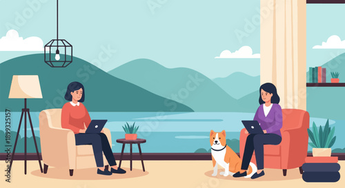 Two women and a dog work on laptops with a serene lake and mountain view