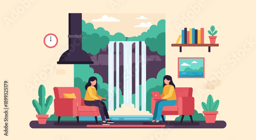 Two women relax in cozy armchairs with a waterfall view and indoor plants