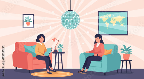 Two women relax in cozy armchairs, a disco ball overhead, framed world map above