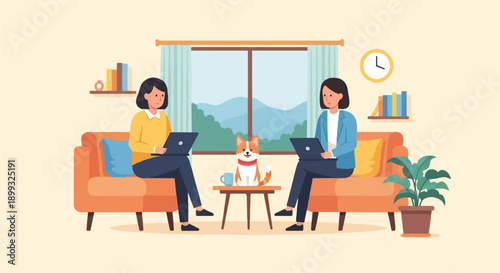 Two women and a dog working on laptops in a cozy living room