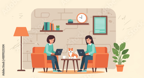 Two women and a dog work on laptops in a cozy living room