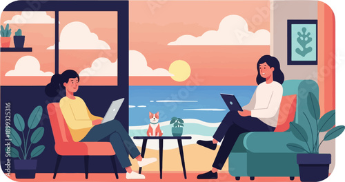 Two women and a dog work on laptops by the sea at sunset