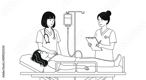 Two nurses attending to a patient in a hospital bed with IV drip