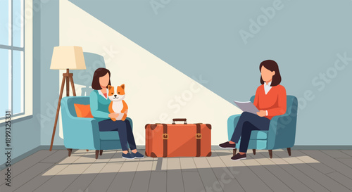 Two women in chairs, one holding a dog, with a suitcase between them