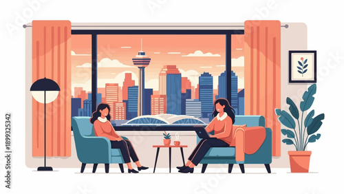 Two women relax in cozy chairs overlooking a city skyline at sunset