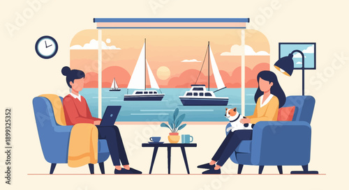 Two women in comfortable chairs with a dog, enjoying a waterside view indoors