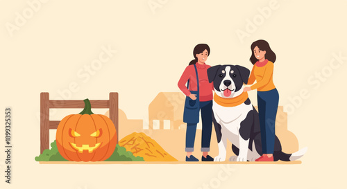 Two women and a dog with a jack-o'-lantern on a farm