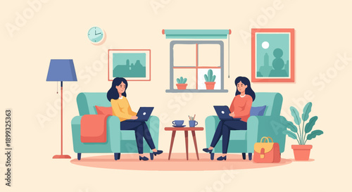 Two women relax indoors, each working on a laptop while seated on comfy chairs