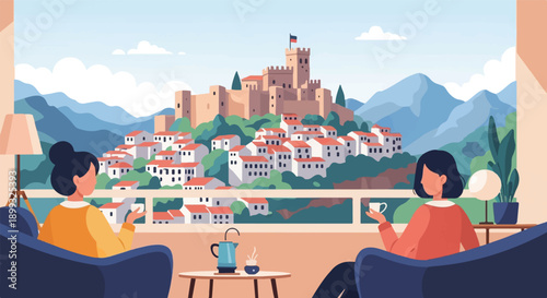 Two women relax indoors, enjoying coffee with a picturesque view of a historic castle town