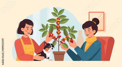 Two women and a dog tending a coffee plant indoors