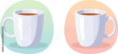 Two white ceramic mugs filled with a dark beverage sit on pastel colored backgrounds