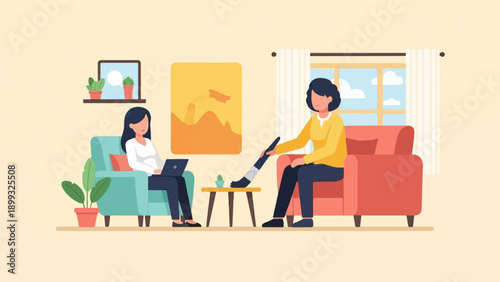 Two women relax indoors, one on laptop, other with a prosthetic leg