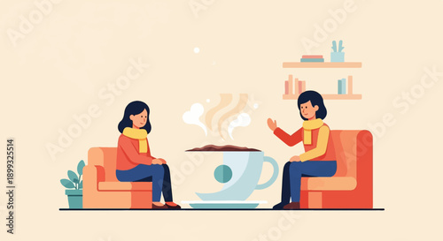Two women in cozy setting sharing a large cup of coffee