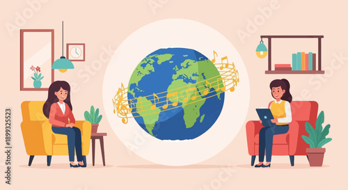 Two women in cozy rooms, a globe with music notes in the center