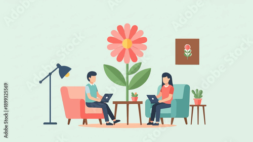 Two people working on laptops while relaxing in chairs next to plants and a lamp