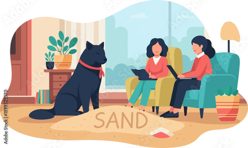 Two women and a dog sit in chairs near a window with a sand pit in the foreground