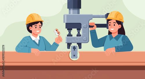 Two women in hard hats operating a machine on a wooden surface