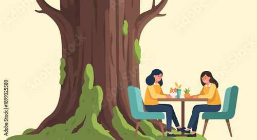 Two women and a dog sit at a table under a large tree