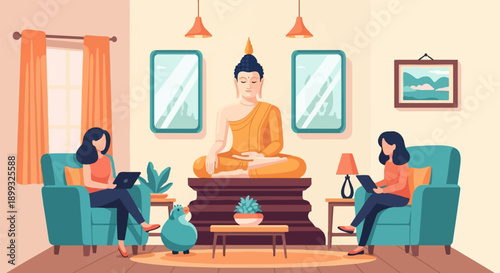 Two women in teal armchairs using tablets with Buddha statue in background