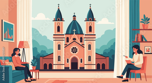 Two women relax indoors, viewing a grand cathedral through a large window