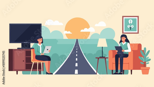 Two women indoors look at tablets with a road and sun in the background