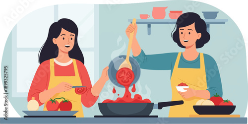 Two women in yellow aprons cooking in a kitchen, preparing a meal