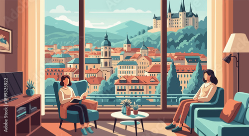 Two women relax indoors with a scenic European city view