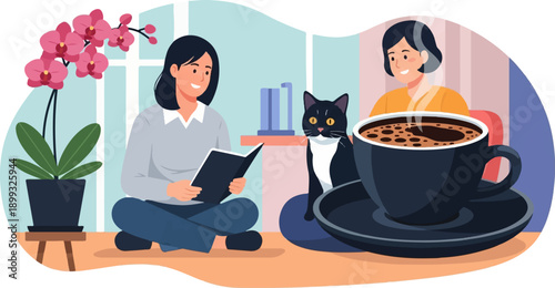 Two women and a cat enjoying coffee and reading indoors