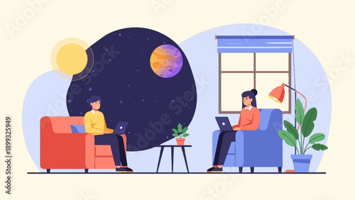 Two people working on laptops in a surreal home setting with day and night elements