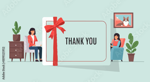 Two women indoors with plants, gift, and framed dog portrait