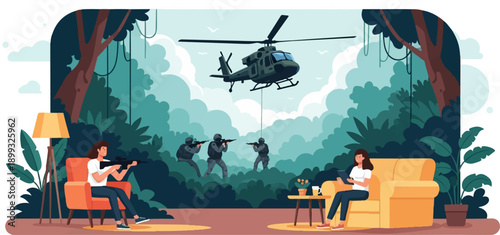 Two women relax indoors with weapons while soldiers rappel from helicopter