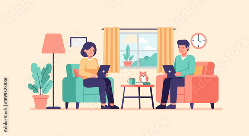 Two people working on laptops while sitting on sofas in a living room