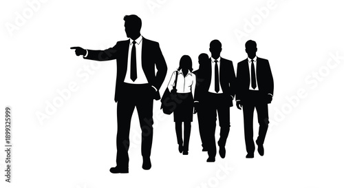 A group of four business professionals walking forward with one gesturing presented as a striking silhouette on transparent background high quality