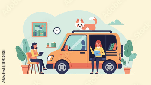 Two women and a dog relax near an orange van in a stylized interior