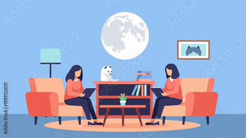 Two women sit in cozy chairs reading on tablets, with a white dog on a shelf