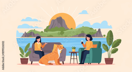 Two women and a dog relax indoors with a scenic coastal view