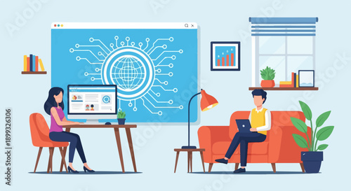 Two people working on laptops with a digital globe and circuit board graphic