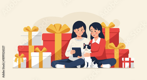 Two women and a cat sit surrounded by gift boxes