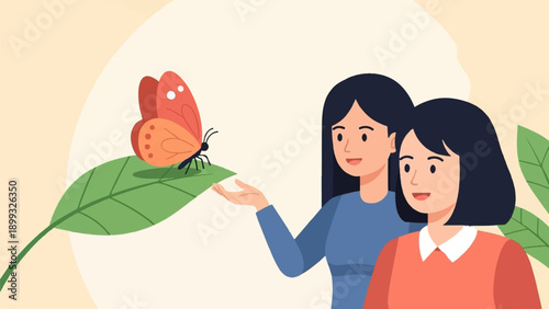 Two women observe a butterfly on a green leaf in a gentle, warm setting