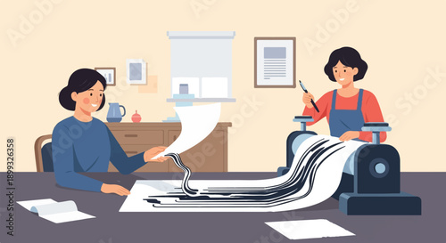 Two women create art using a printing press and ink on paper