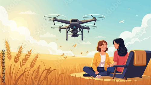 Two women observe a drone flying over a golden wheat field