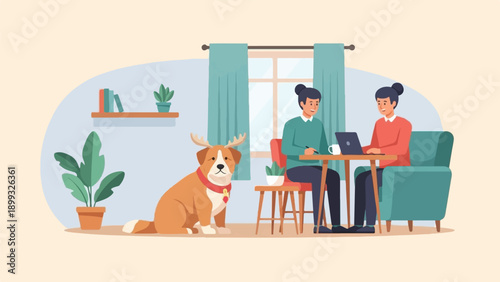 Two people working on laptops with a dog at home