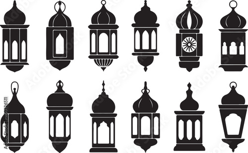 Black ramadan lanterns. Fanous line lantern, arabic lamps silhouettes vintage egyptian moroccan dubai eastern lamp for islamic mosque or arabian lighting, neat vector illustration