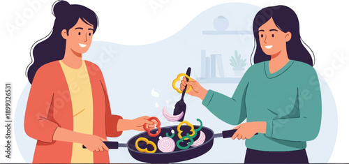 Two women cooking vegetables in a pan, adding bell peppers and onions