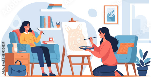 Two women create art together in a cozy room, one painting a dog portrait
