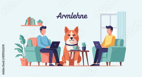 Two people working on laptops with a dog in a cozy room