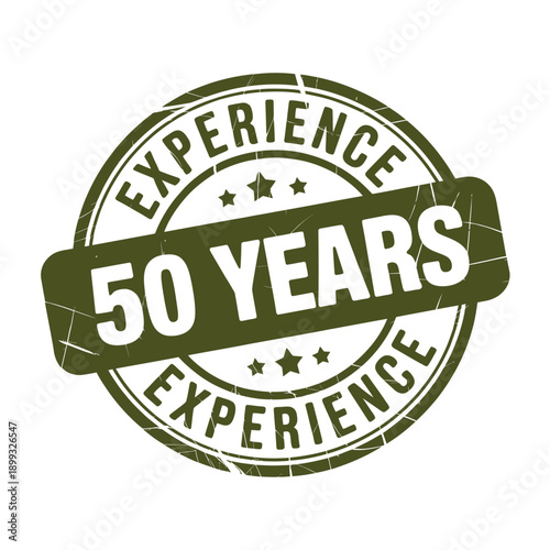 A circular badge commemorating 50 years of experience with a distressed texture