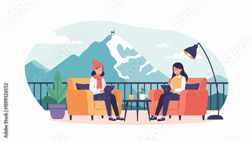 Two women on a balcony with laptops, enjoying mountain view