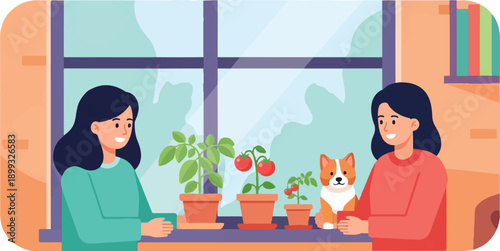 Two women and a corgi by the window with potted plants